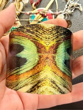 Peacock Feather Wide Cuff Bracelet Boho Chic Festival Statement Jewelry